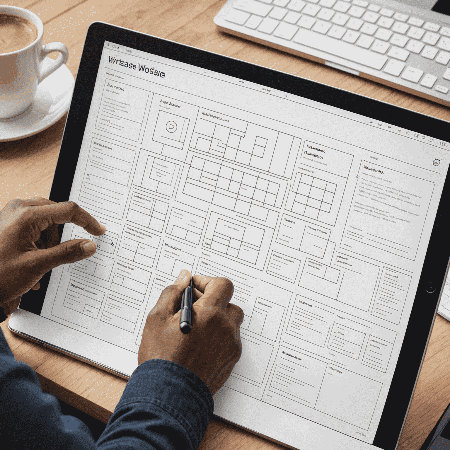 Imagen que muestra un wireframe de un sitio web con anotaciones de UX y un mapa de experiencia del usuario